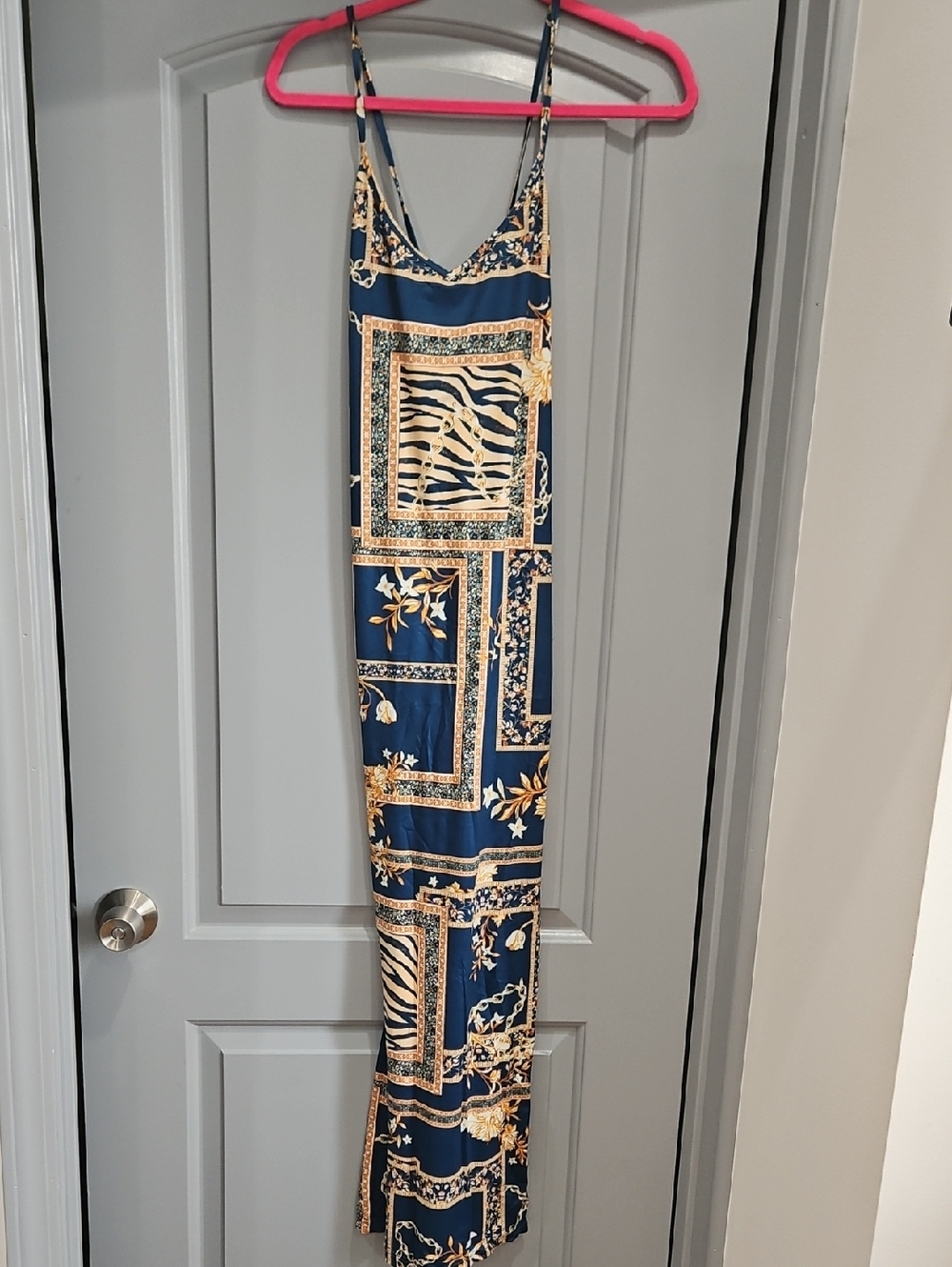 Navy Blue and Gold Patterned Slip Maxi Dress